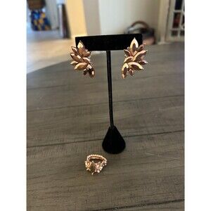 Statement Post  Earrings With Matching Ring On Rose Gold Tone Metal